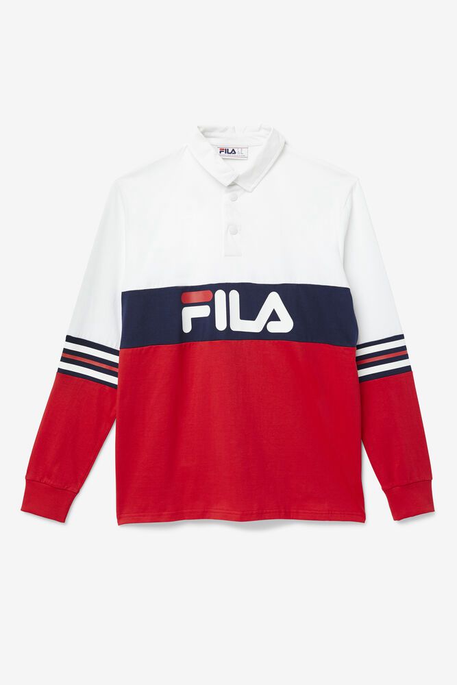 Fila Polo Mens White/Red/Navy - Syd Long Sleeve - Philippines 9215704-CS